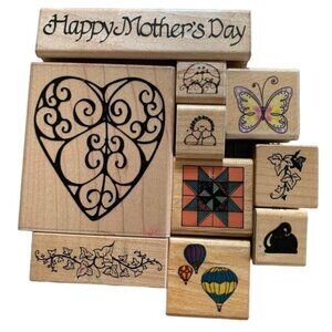 Wooden Rubber Stamp Lot - Hearts Butterflies & Balloons
